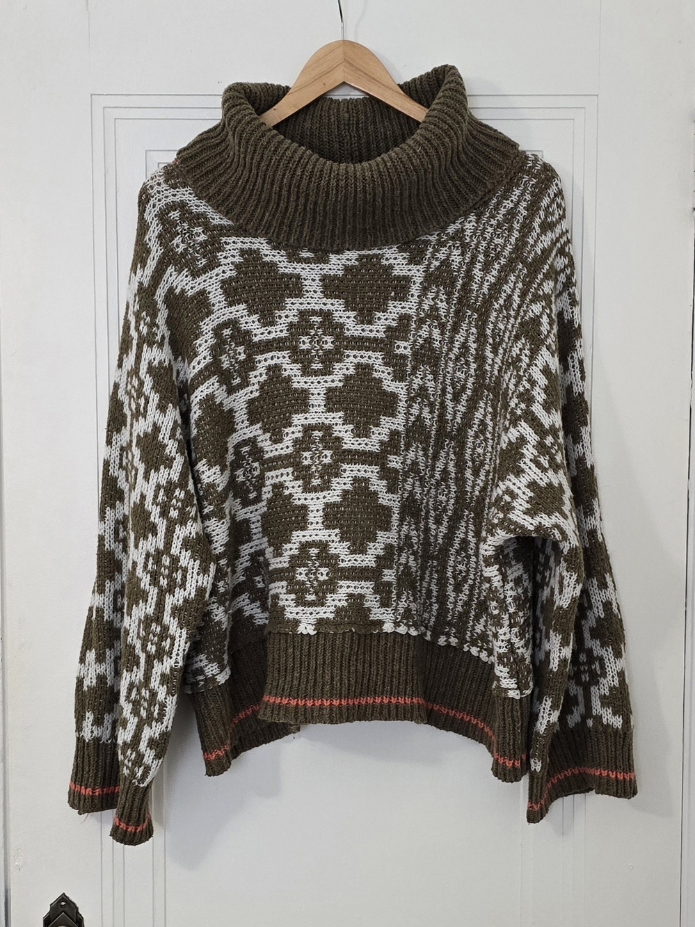 HYFVE Olive Green & White Fair Isle Turtleneck Sweater With Orange Details, Euc